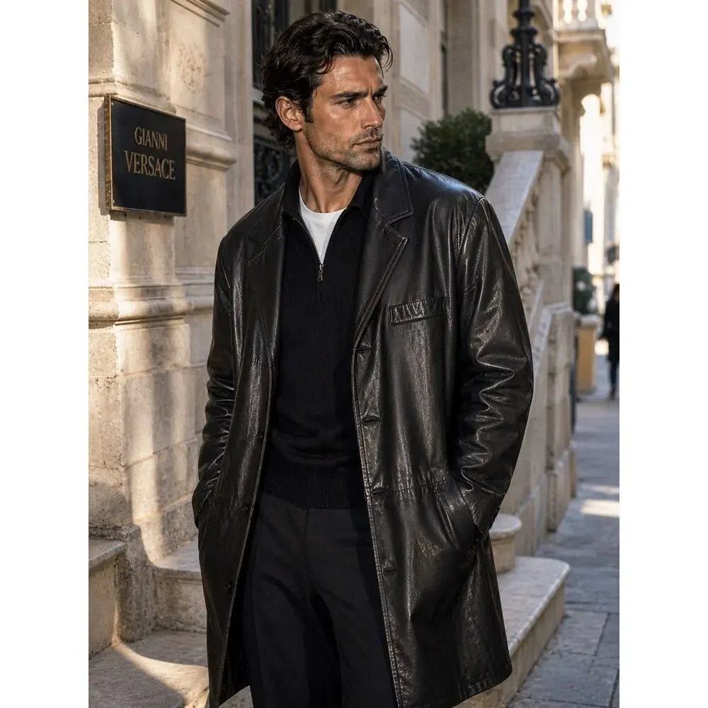 Vintage Gianni Versace Men’s Black Leather Blazer Coat Quite Luxury 58 Eu 48 XL